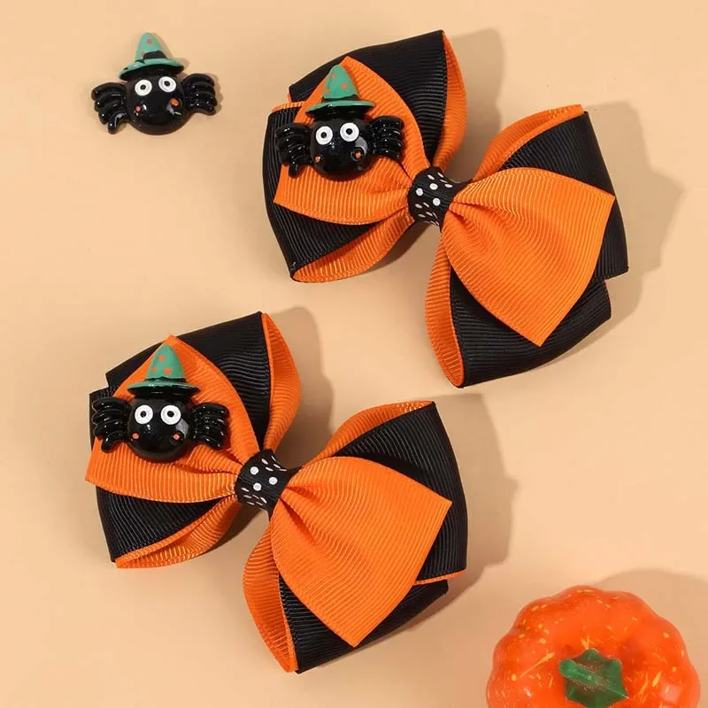 ncmama 2Pcs Halloween Hair Bow Clips Cute Ribbon Bow Hairpin with Spider for Girls Halloween Hair Accessories Children Barrettes