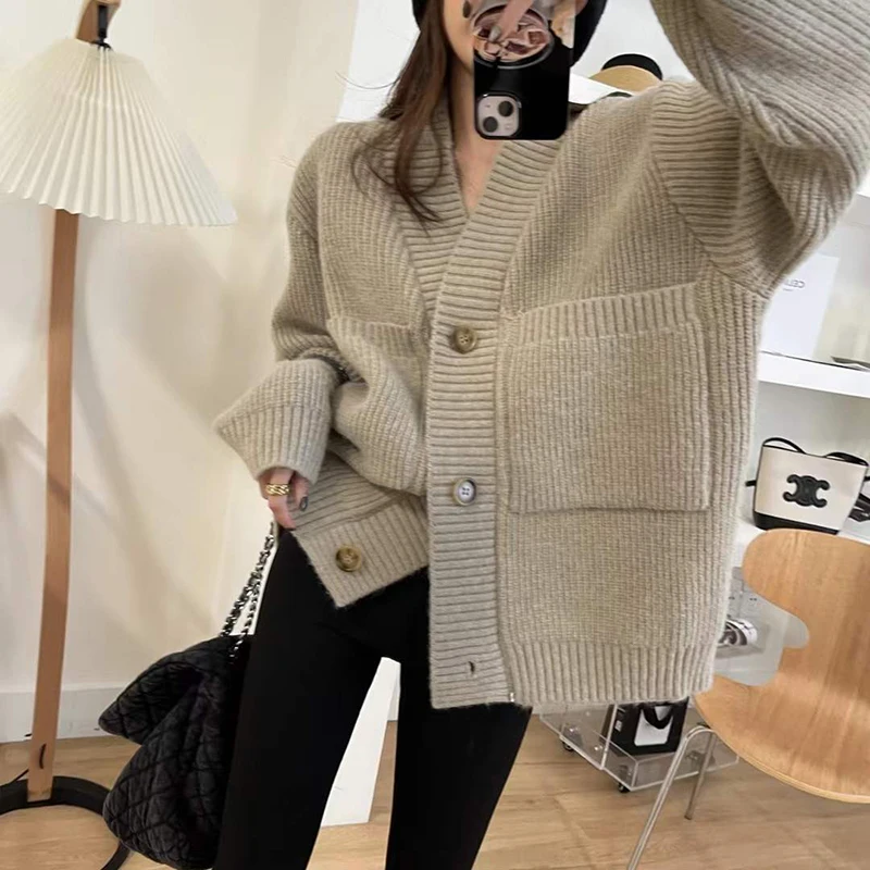 Zoki Oversize Casual Cardigan Sweaters Women Korean Big Pockets Long Sleeve Knitted Coat V Neck Vintage Lazy Wind Female Tops