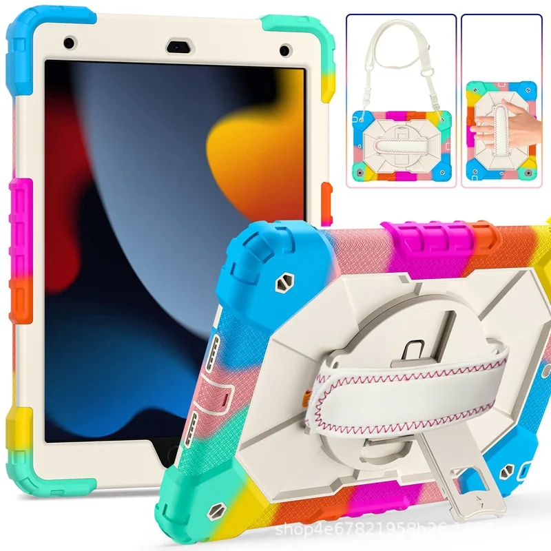 PC Silicone IPad 10.2 Tablet Case Shoulder Strap 360 Degree Rotating Bracket IPad 9 8 7 Fall Protection Case Ipad Pouch