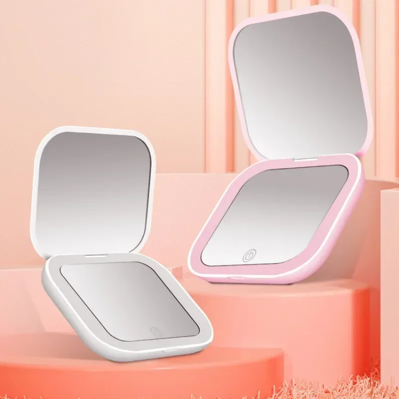 Espejo de bolsillo LED portátil y práctico, aumento de 2X