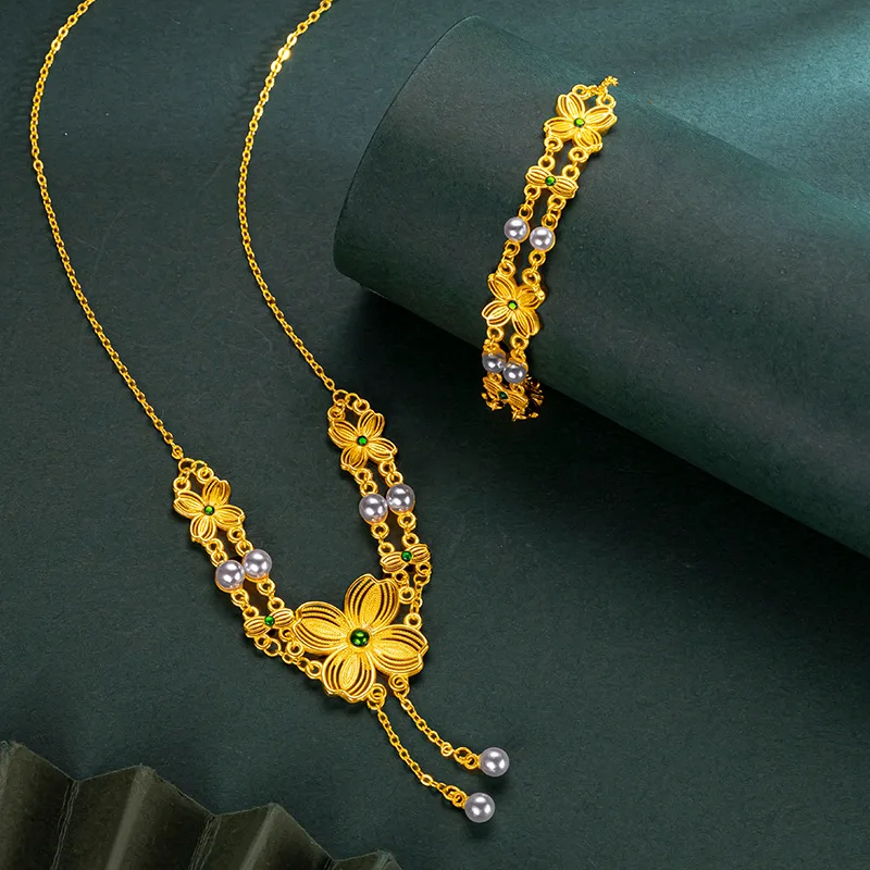 

Luxury 24K 9999 Pure Gold real gold Women's Splendid suit Emerald Flower Clavicle Chain