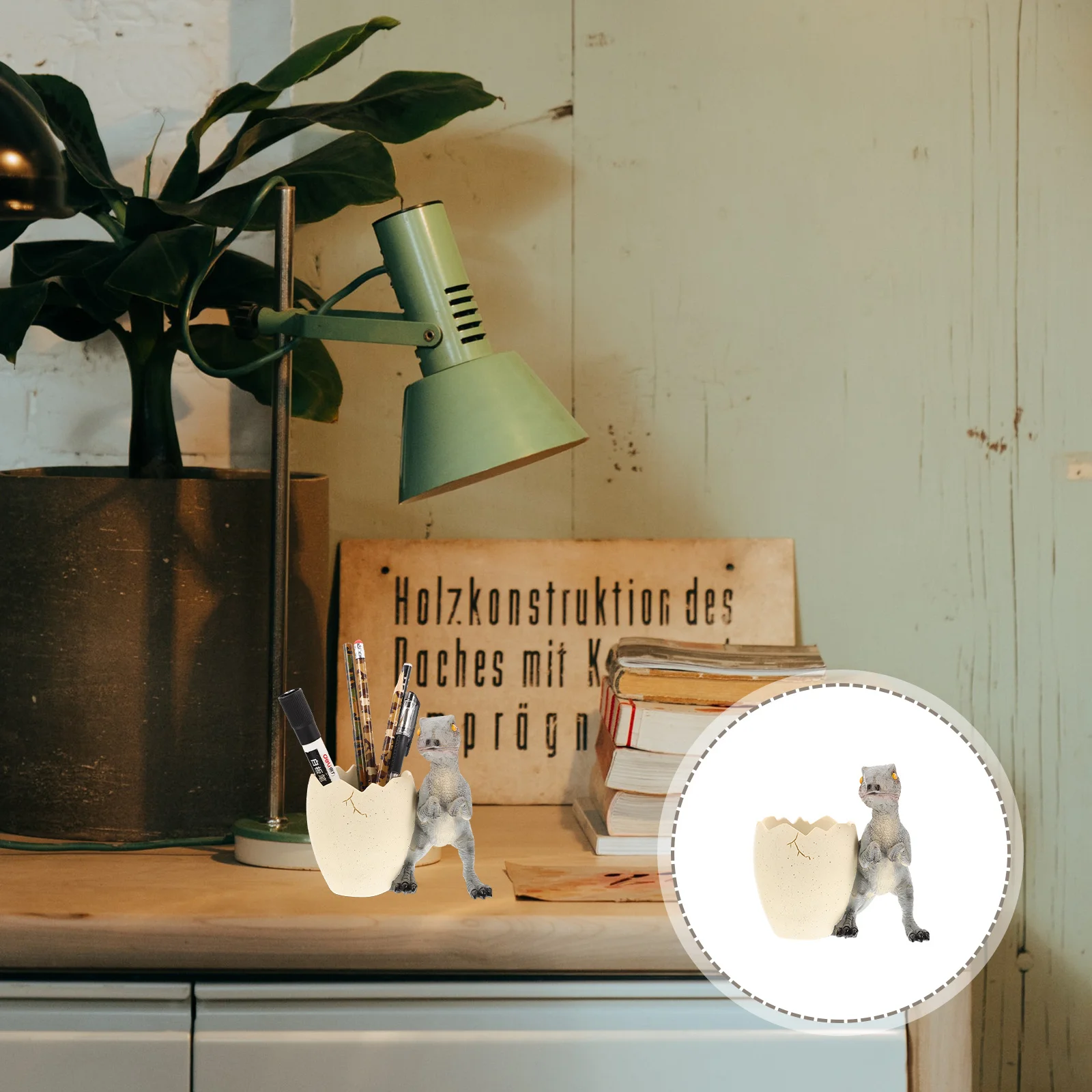 حامل أقلام ديناصور قوي من الراتنج على شكل بيضة، منظم سطح المكتب للاستخدام المنزلي والمدرسة والمكتب #4