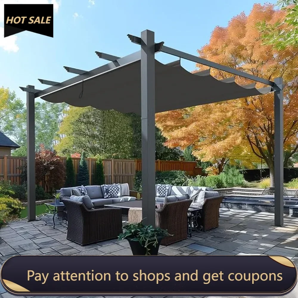 

10' X 13' Outdoor Retractable Aluminum Pergola with Weather-Resistant Canopy for Backyard Deck Garden Grey