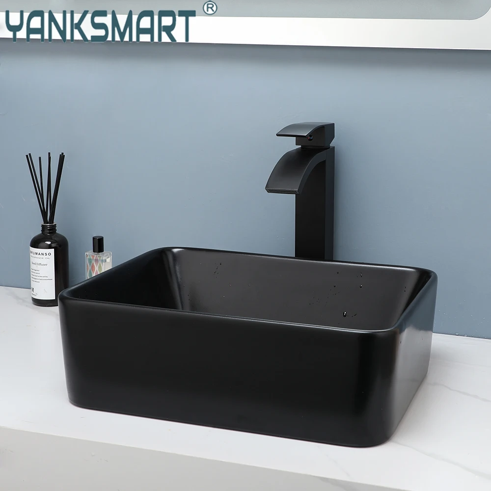 

YANKSMART Black Rectangular Ceramic Bathroom Washbasin Vessel Lavatory Waterfall Faucet W/ Pop-up Drain Sink Mixer Water Tap Set