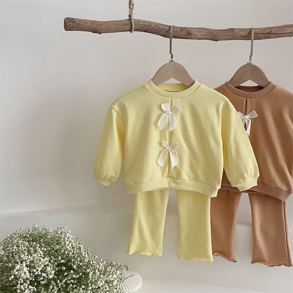 2025 Spring Baby Girls Long Sleeve Clothes Sets Toddler Sweet Bows Sweatshirt+Slight Flared Pants 2Pcs Suits Kids Girls Outfit