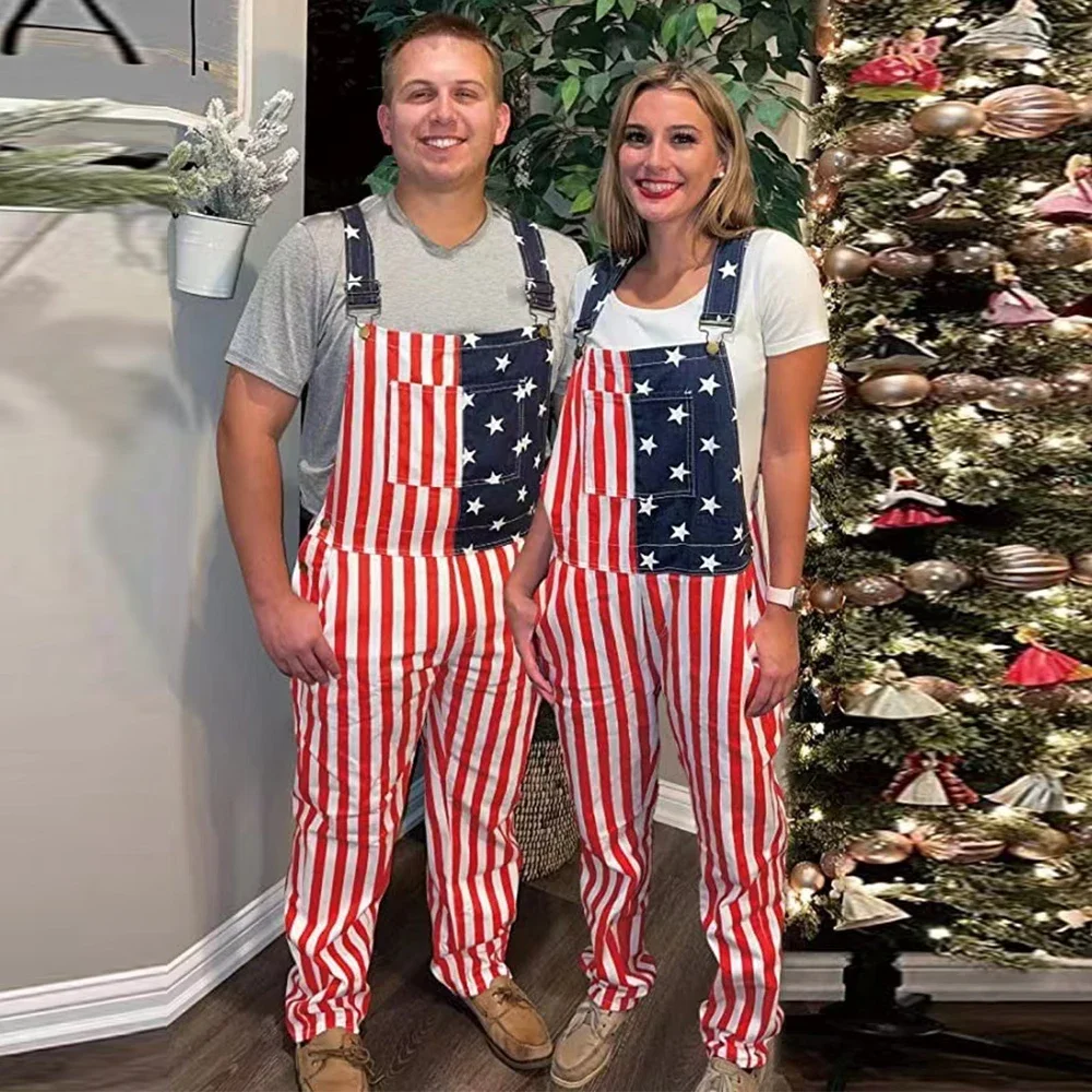 2026 New Mens Jeans Overalls American Independence Day Flag Couple Suspenders Cargo Trousers Women Jumpsuit view 3