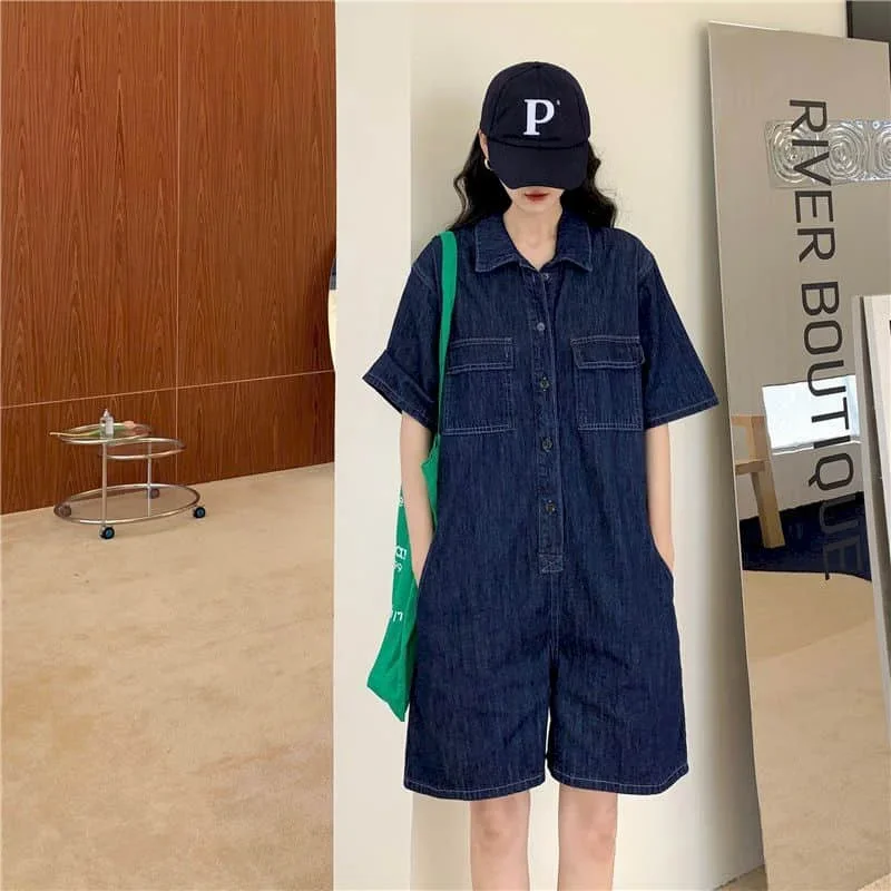 Tuta in denim pop Pantaloncini a gamba larga Tuta a vita alta Pantaloni da lavoro larghi Tuta intera di grandi dimensioni Abbigliamento donna Un pezzo