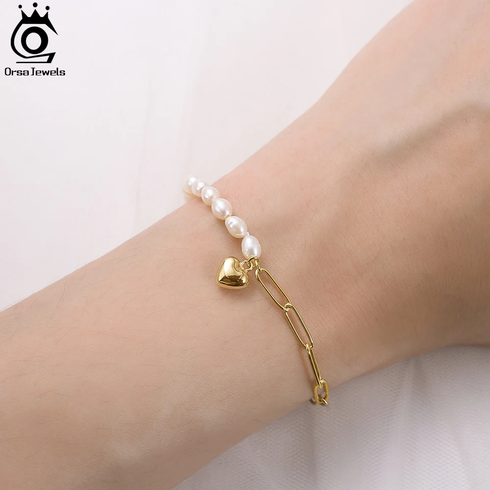 ORSA JEWELS Handmade 925 Sterling Silver Paperclip Link Pearl Chain Bracelet with Heart Pendant for Women Fashion Jewelry GPB17