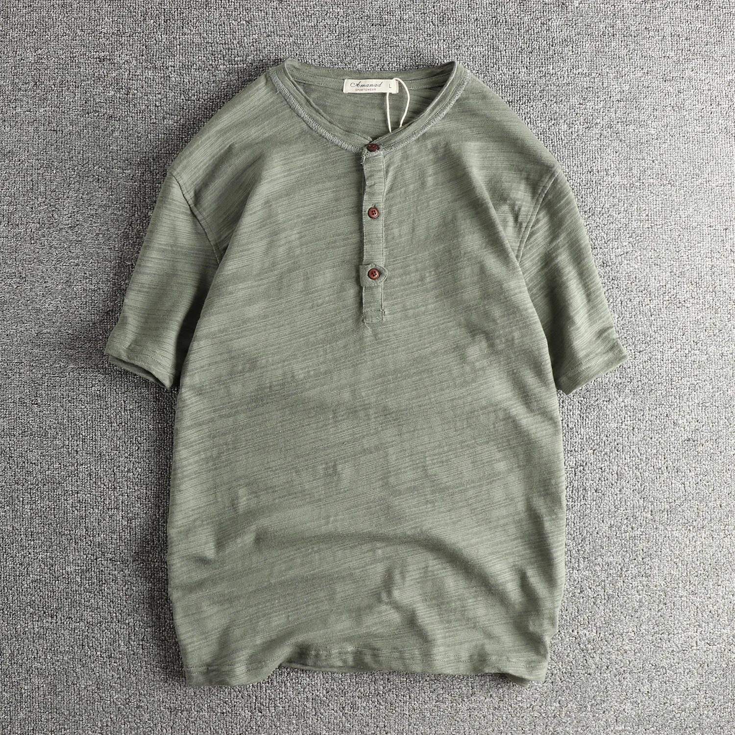 

Summer New American Retro Breathable Short-sleeved Henry Collar T-shirt Men's Fashion 100% Slub Cotton Washed Casual Sport Tops