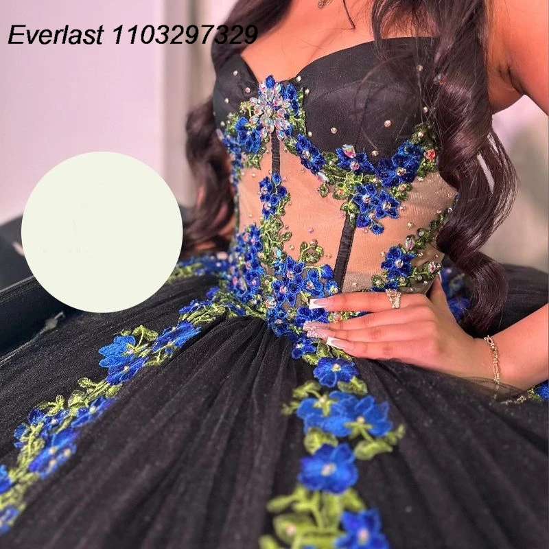 EVLAST Glitter Black Quinceanera Dress Ball Gown 3D Royal Blue Floral Applique Beading corsetto Sweet 15 Vestido De 15 Anos TQD568