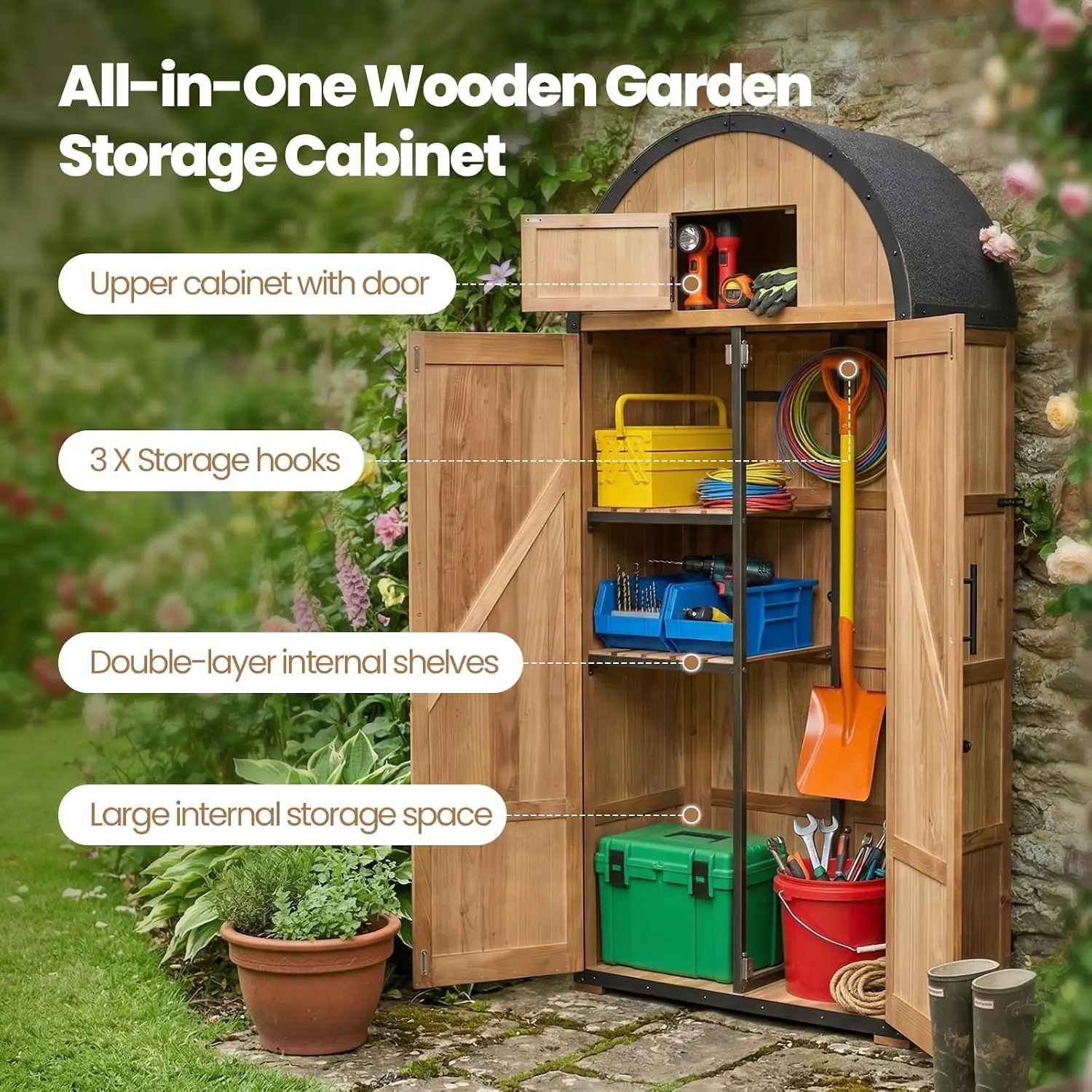 Vertical Wood Outdoor Storage Shed Metal Frame Garden Cabinet 30.3x15.7x66.9 In 5 Storage Zones Domed Waterproof Roof Lockable Doors for Patio Backyard - view 5