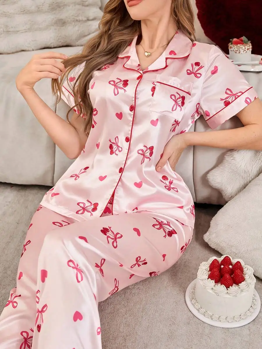 

Pink Bow & Heart Print Faux Silk Pajama Set with Turn-Down Collar