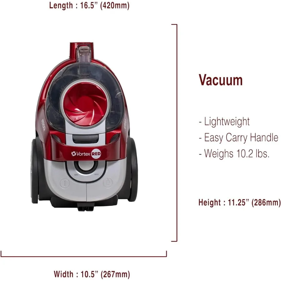 Vortex Red Bagless HEPA Canister Vacuum for Home Use with Red Color and Advanced Filtration System