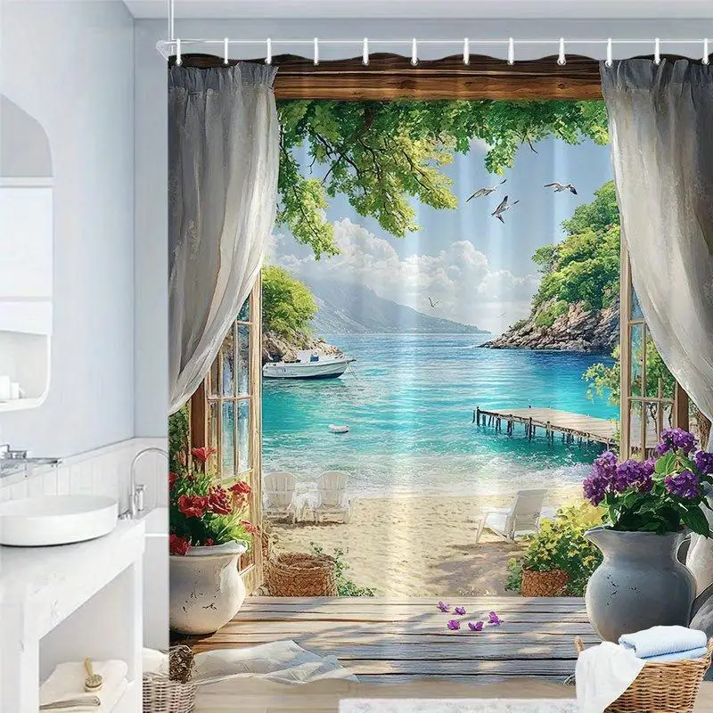 Waterproof Polyester Shower Curtain Tropical Beach Ocean View Seascape Bath Decor Curtain for Bathroom Summer Paradise