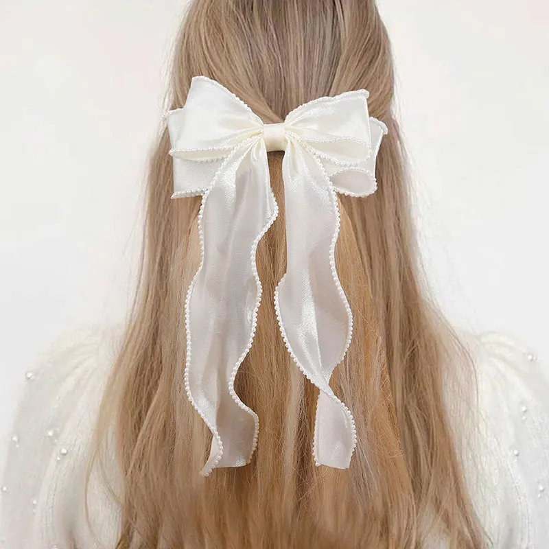 Large Silk Bow Hair Clip For Women Elegant Wedding Long Satin Pearl Hairpin Ponytail Hair Pin Barrette Fashion Hair Accessories