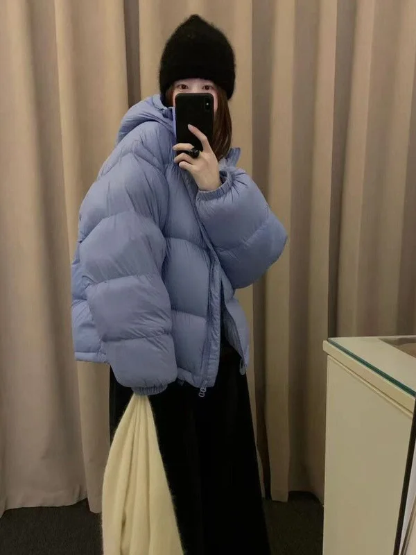 

Winter Thickened Blue Puff Cotton Jacket Women's Fashionable Stand Collar All-Match Outerwear Korean Style Long Sleeve Zipper