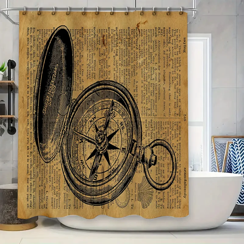 

Vintage Compass Bath Rug Mat Shower Curtain Decor Home Decor Black Brown Waterproof Bathroom Decoration Size Customizable