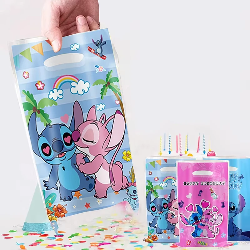 10Pcs Disney Lilo & Stitch Party Gift Bag Plastic Blue Stitch Pink Angel Goodie Gift Bags for Kids Birthday Party Candy Loot Bag