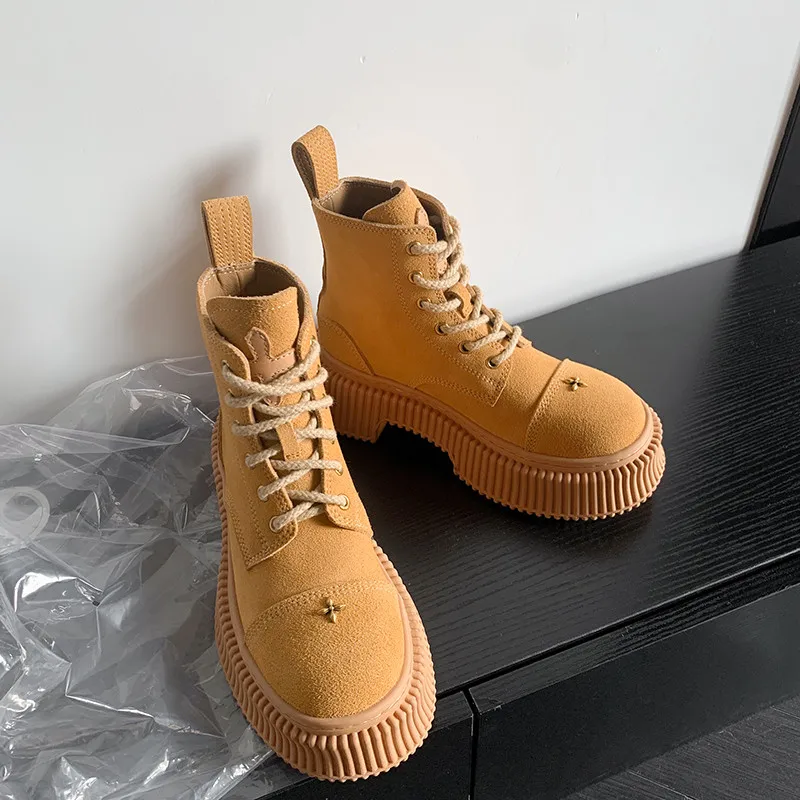 MKKHOU Fashion Short Boots Women New High Quality Suede Round Head Lace up Thick Sole Boots Street Modern Yellow Ankle Boots