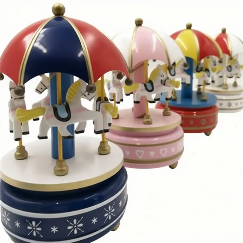 Merry Go Round Musical Box Wind Up Carousel Birthday Cake Topper European Style Wood Craft Ornament Home Accessories Gift