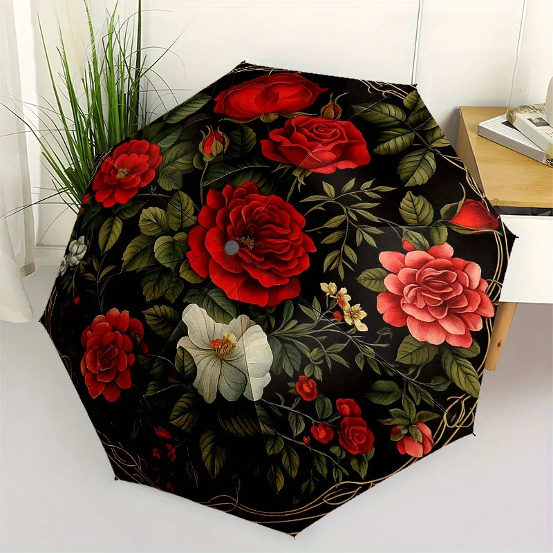 

Элегантный круглый зонт с цветочным узором - автоматический компактный дорожный зонт с прочной 8-спицевой рамой, портативный складной дизайн для мужчин