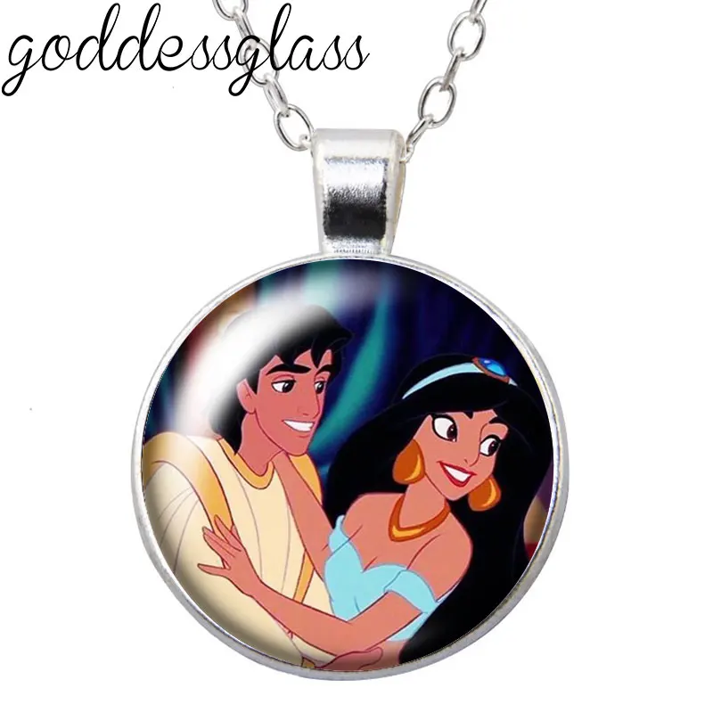 Disney Princess Jasmine Aladdin Lamp Round Photo Glass cabochon silver plated pendant necklace jewelry Gift