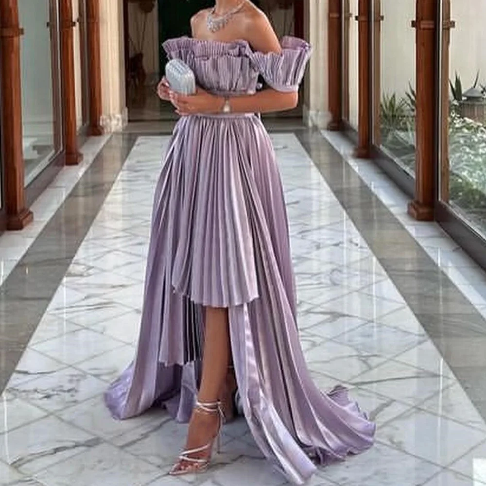 Delicate and Elegant Purple Satin Scalloped Lace Up Back Evening Dress A-Line Off the Shoulder Sweep Train Pleats Short Sleeves