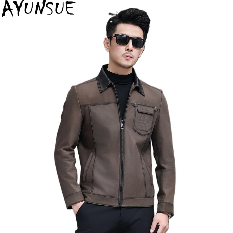 AYUNSUE Top Layer Cowhide Leather Jackets Man Korean Thin 100% Real Cow Leather Coat Short Casual Men Leather Jacket Slim-fit