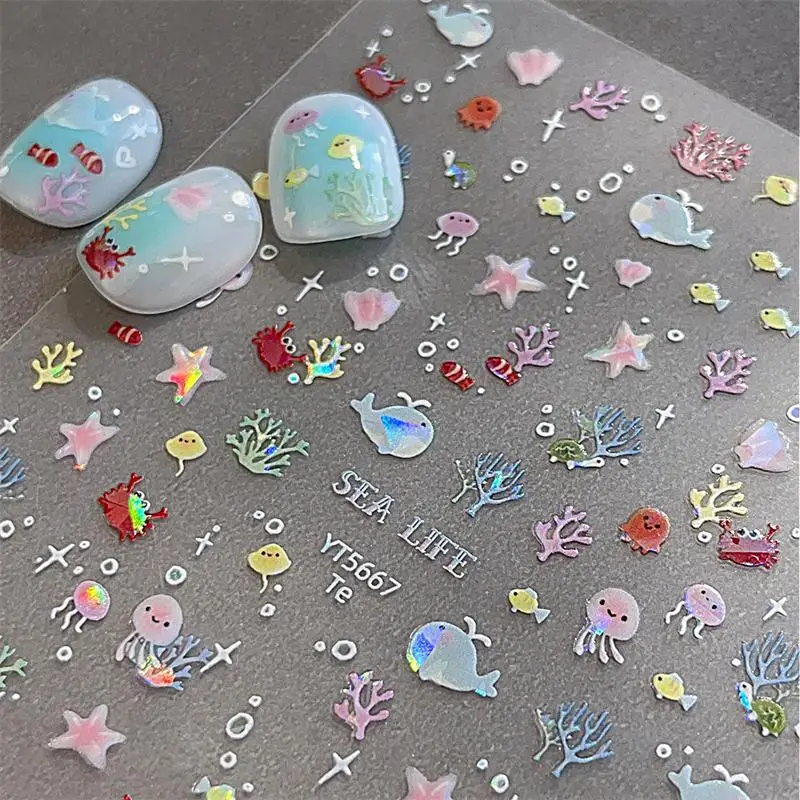 5D Fantasy Beach Nail Art Stickers Colorful Starfish Shell Jellyfish Coral Jelly Decals Manicure Salon Decor