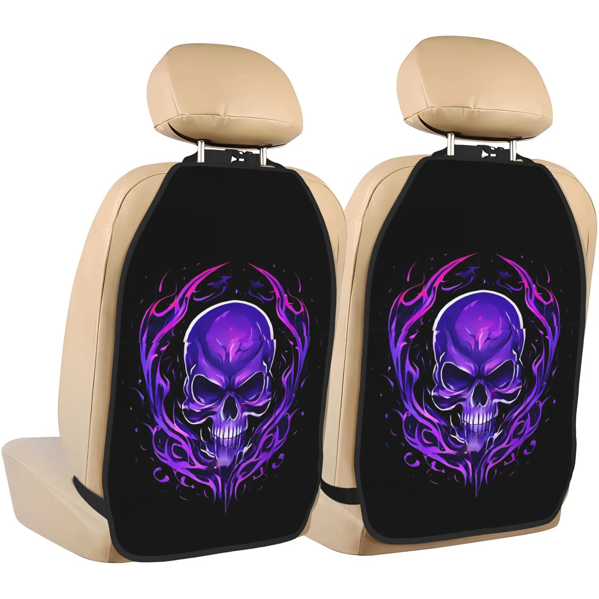 2pcs Purple Magic Flame Skull Car Seat Anti-Kick Pad, Storage Bag, Provides Protection For Your Interior, Compatible With Most C