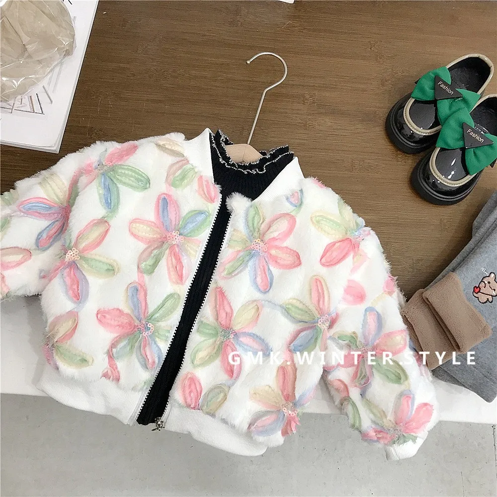 2025 Autumn Winter Infant Baby Girl Outerwear Loose Fleece Thicken Zipper Kid Girl Jacket Contrast Flower Warm Toddler Girl Coat