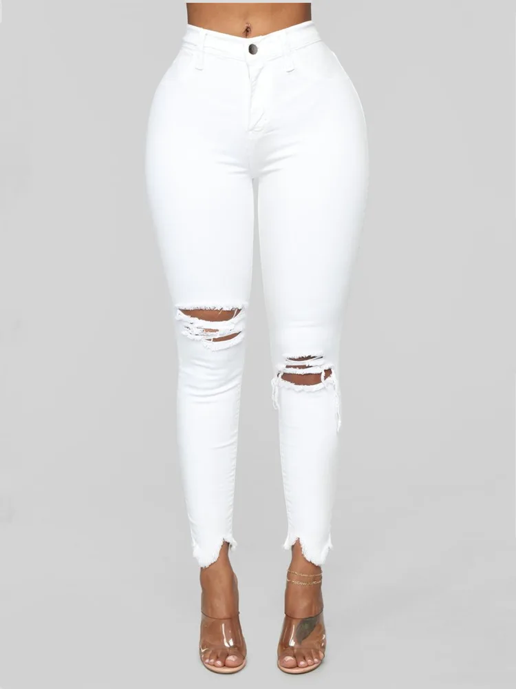 Summer New Fashion Street Style Ripped Solid Color Denim Trousers Ladies Jeans Women\'s Clothing