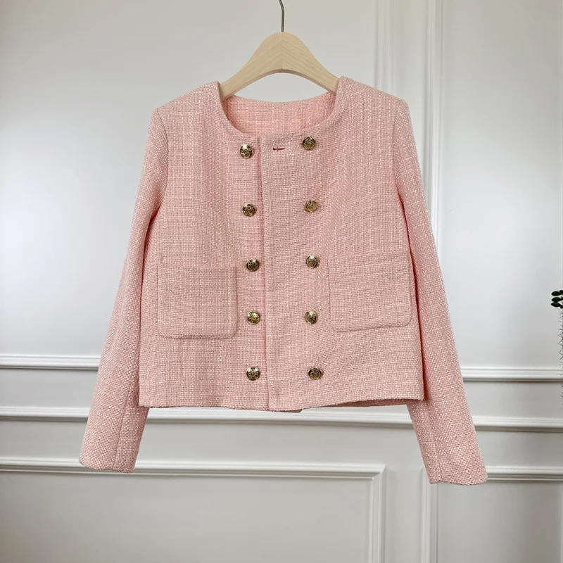 

Women Pink Double-breasted Small Fragrance Jacket Tweed High-quality Round Neck Fashionable French Office Lady Elegant Coat