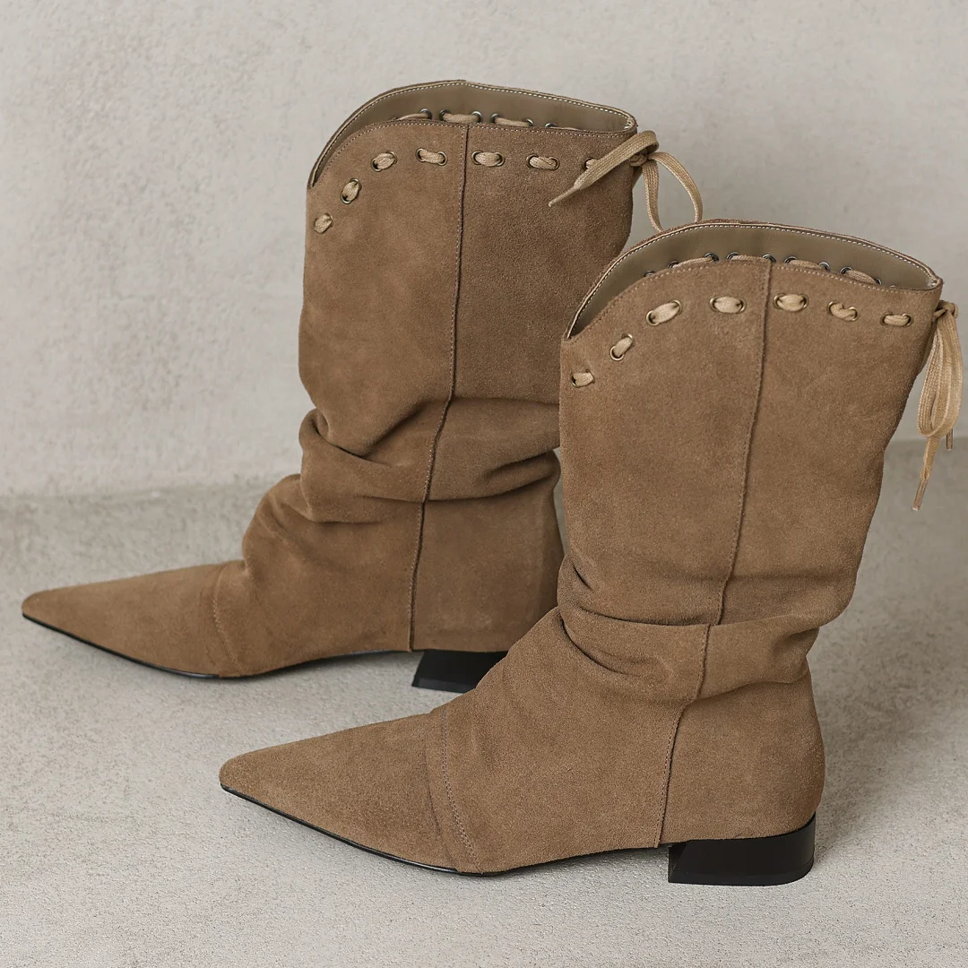 

Женские полусапоги Flokathy из натуральной замши с заостренным носком, плиссированные, осенние, до середины икры, повседневные, на плоской подошве, размер 40