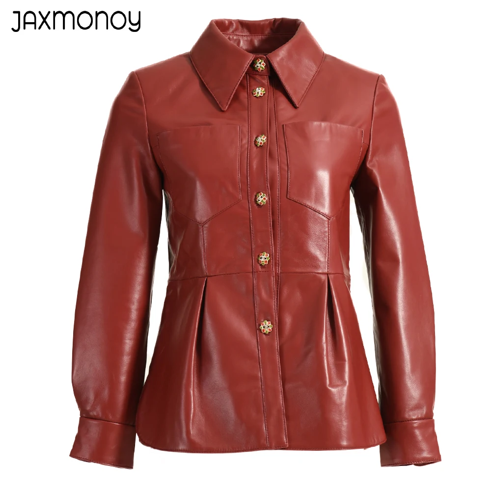 Jaxmonoy Women's Leather Jacket Spring Black Genuine Leather Rhinestone Button Fashion Ladies Full sleeves Sheepskin Coat Female