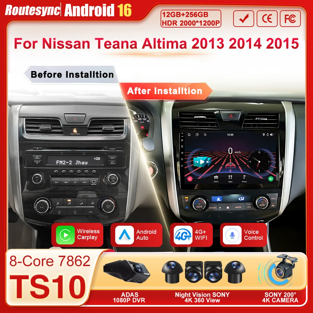 

Автомагнитола Android 16 для Nissan Teana Altima 2013-2014 с Carplay, сенсорным экраном, GPS, 8-ядерным процессором, FM, DSP, без 2DIN