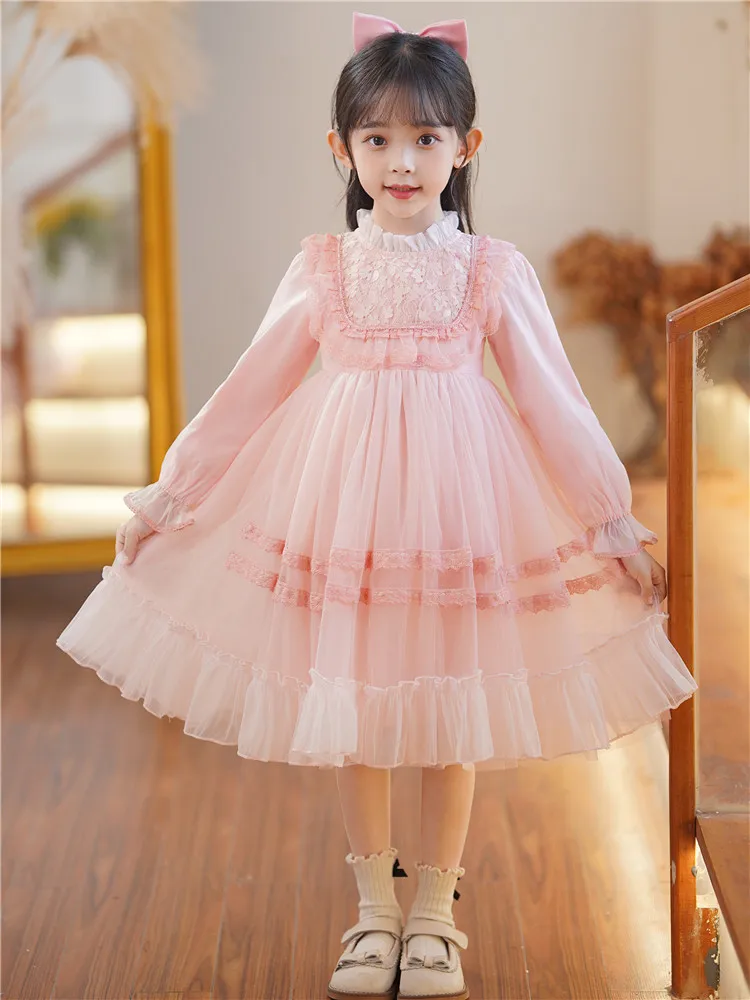 

A.2025Girls Spring and Autumn New Lace Mesh Flying Sleeve Elegant Princess Dress