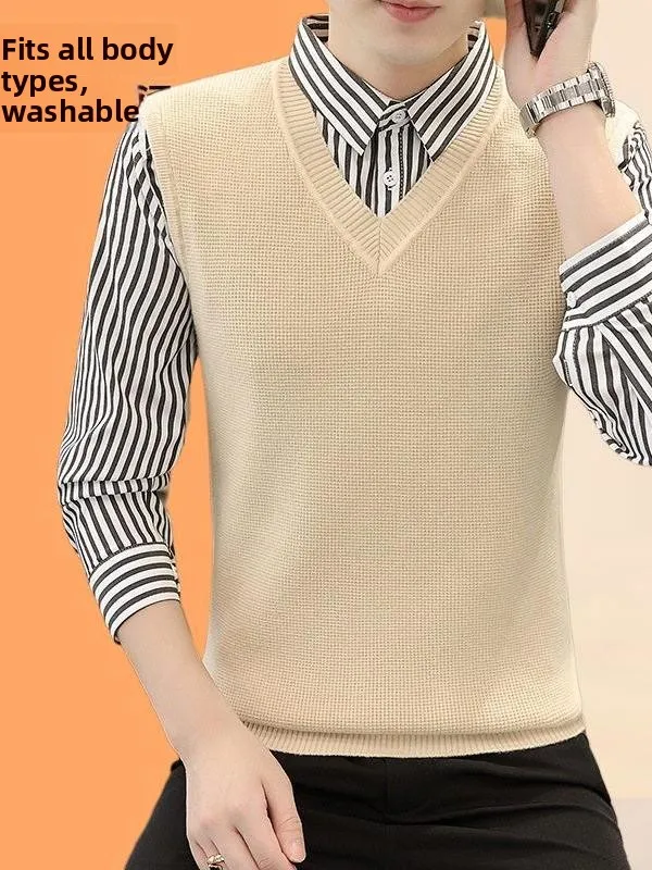 

Мужской вязаный свитер с воротником-стойкой и полосками, имитация двухслойности, повседневный, с длинным рукавом, осенняя новинка, комфортный, дышащий