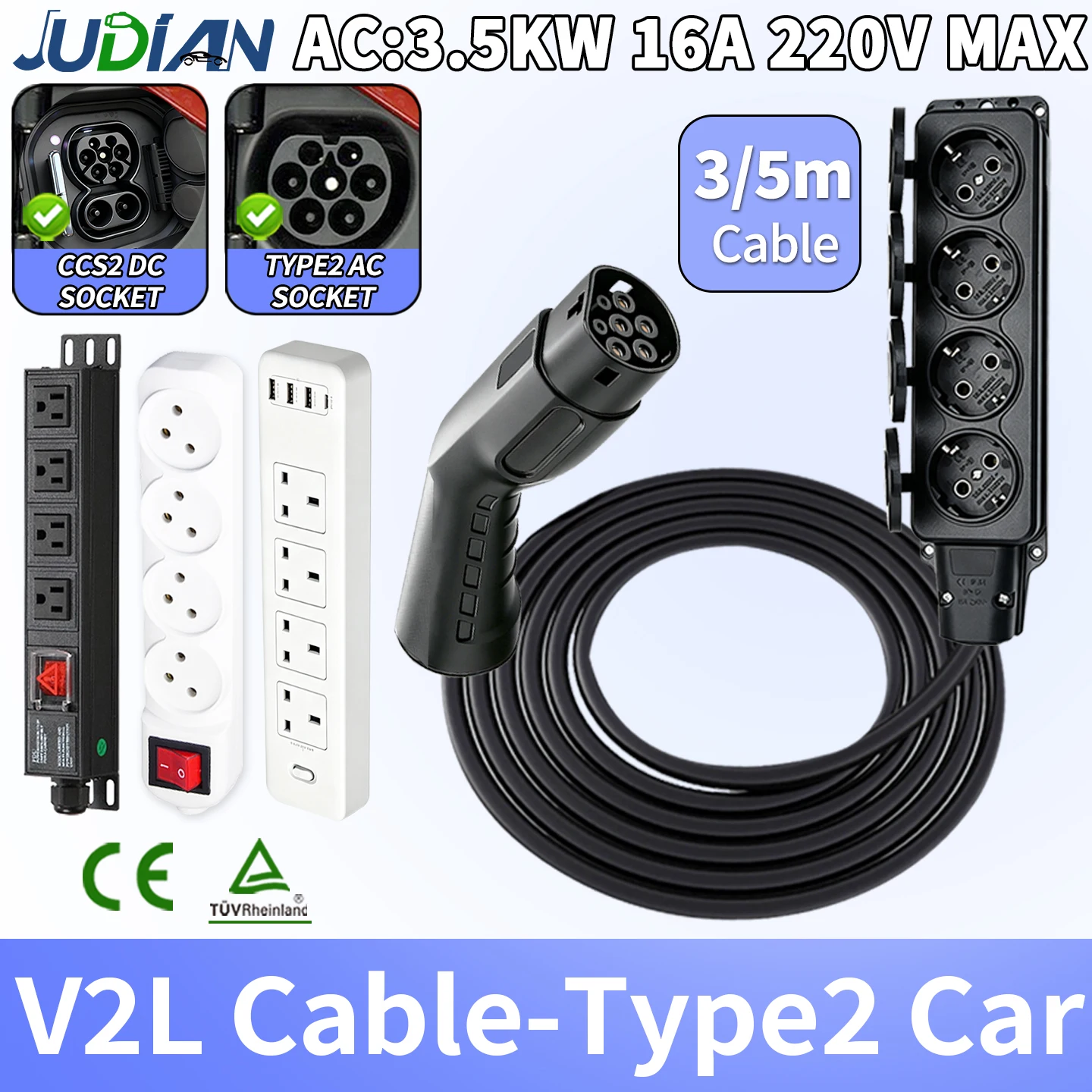 Type 2 V2L Discharger Cable 3M 3.5KW 16A EU UK US IL Socket V2L for Electric Car Side jaecoo BYD Omoda MG4 Xpeng Hyundai