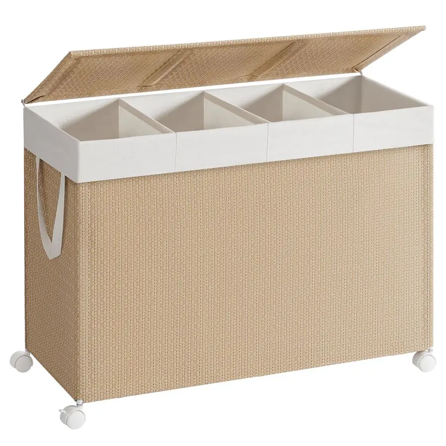

Laundry Hamper with 4 Section, 180 L Large Rolling Laundry Basket with Wheels, Rattan Clothes Basket with Lid, Removable Liner w