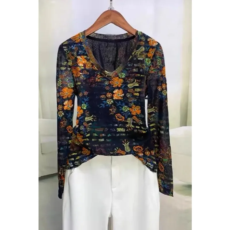 

Новая универсальная и модная эластичная двухслойная сетчатая базовая рубашка с принтом, многослойная, тонкий топ в китайском стиле