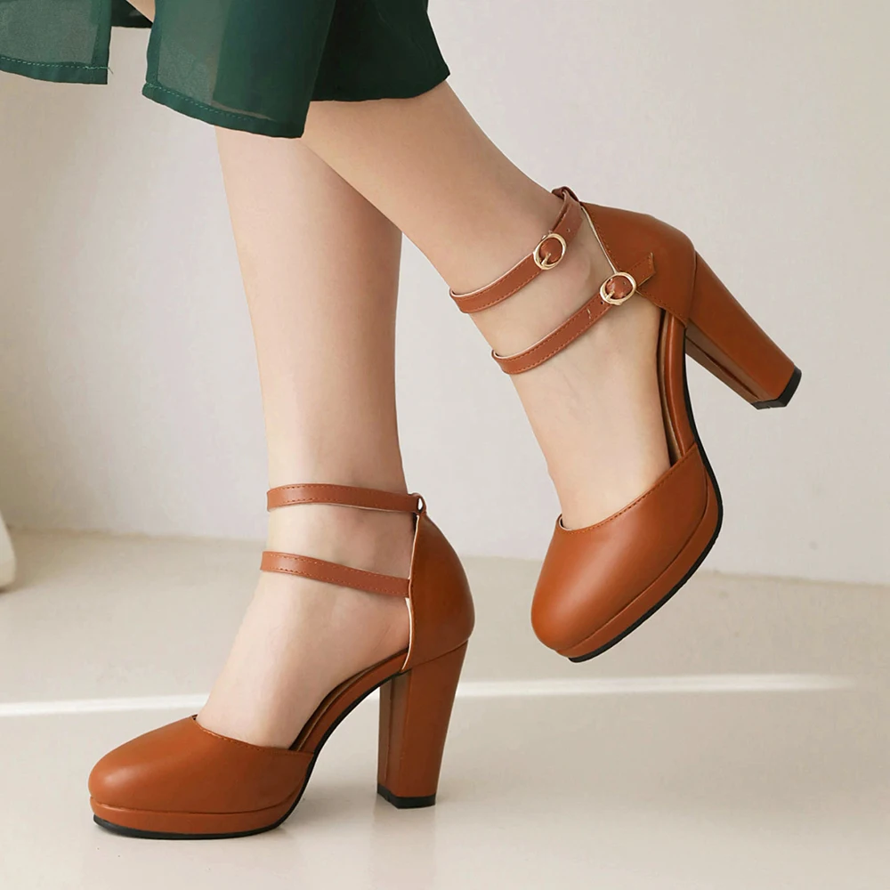 White Round Toe Hight Heels Woman T-straps mary jane shoes PU leather British style buckle pumps women elegant footwear New