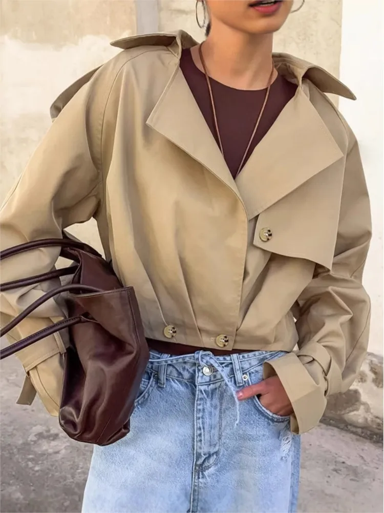 

Vintage Khaki Short Jacket Coat For Women Casual Loose Double Breasted Suit Collar Windbreaker 2025 New Autumn Streetwear Coats
