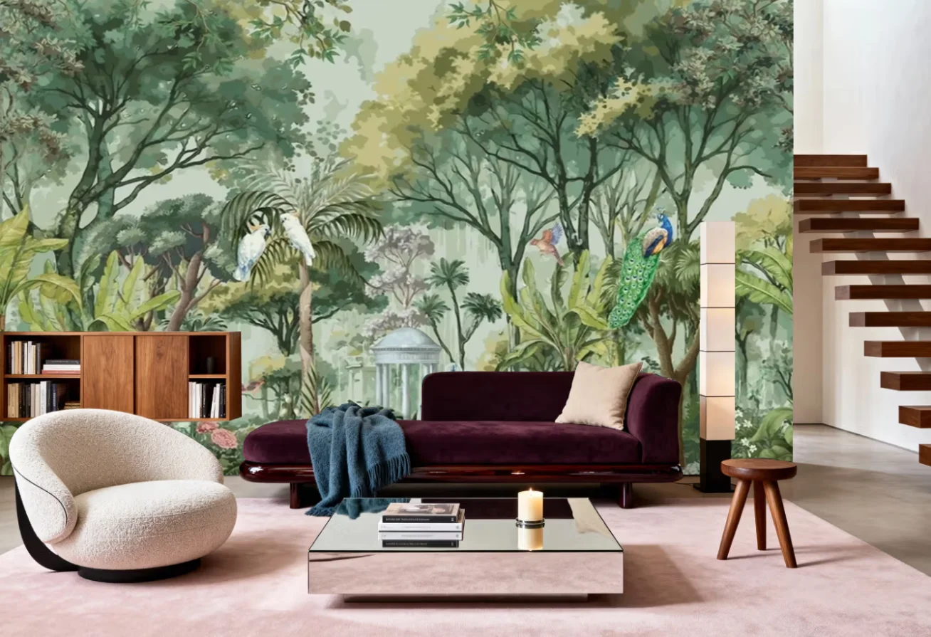 Customized Mural Vintage European Roman Column Tropical Plant Garden Temple Palace Peacock Parrot 3D Wallpaper wall painting