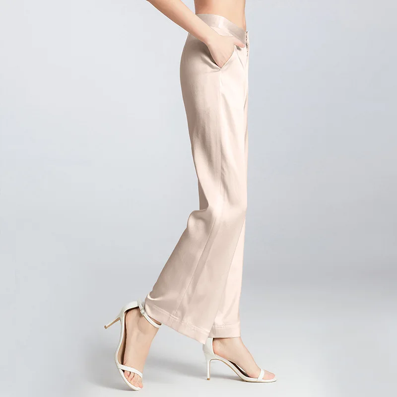 New Women trousers pants wide leg straight pant zipper pleats high waist 100% real mulberry silk 3 colors, S-927
