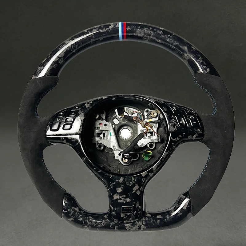 Black Forged Carbon Fiber Steering Wheel for BMW E46 with Suede Flat Bottom High-quality Customizable Steering Wheel for BMW E46