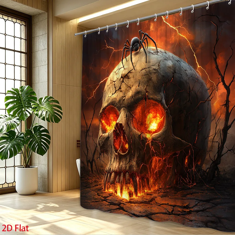 2D Flat, 2D Flat, 1pc 2D Flat Halloween Shower Curtain Gothic Skull Spider Theme Hell Fire Lightning Dead Tree Scary Spooky Patt