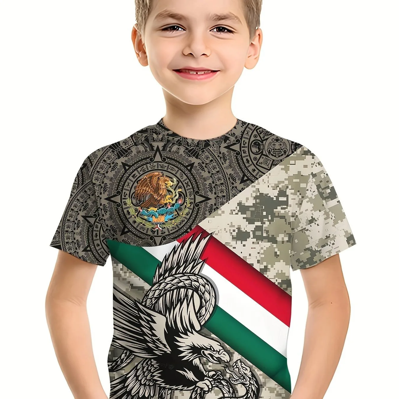 Camiseta gráfica estampada da bandeira mexicana infantil, camiseta de manga curta, cores vibrantes, perfeita para roupas casuais, moda verão, perfeita para meninos