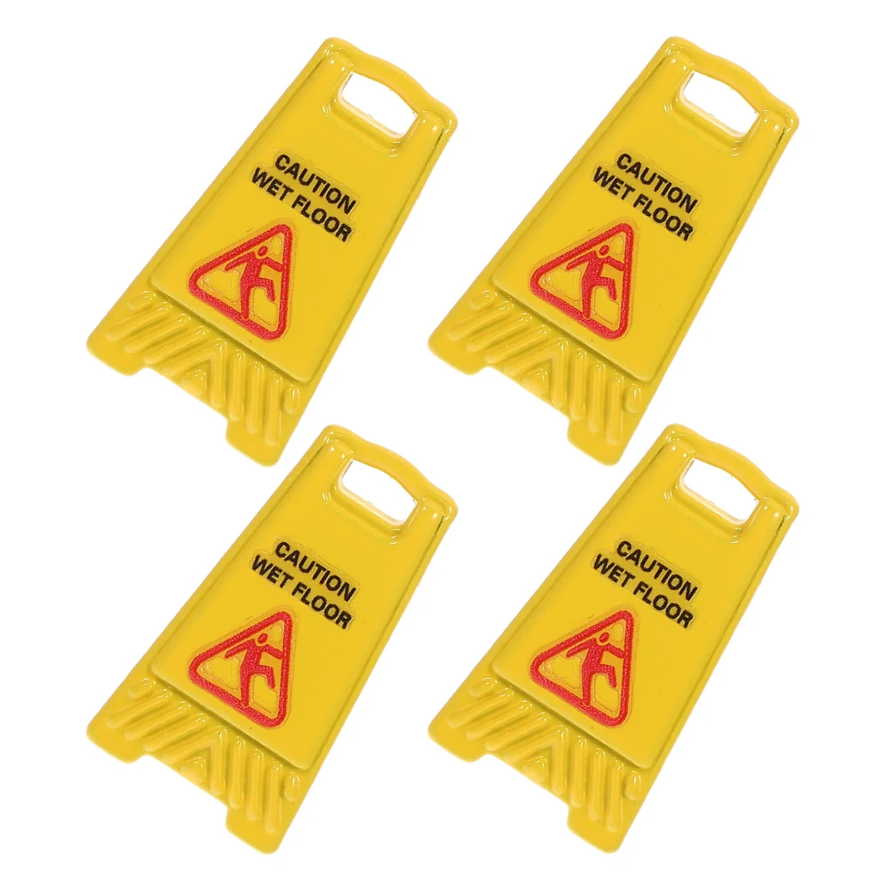 

4pcs Mini Warning Sign: Realistic Wet Floor Caution Slippery Safety Notice For Dollhouse Fairy Garden Diorama Decor Plastic