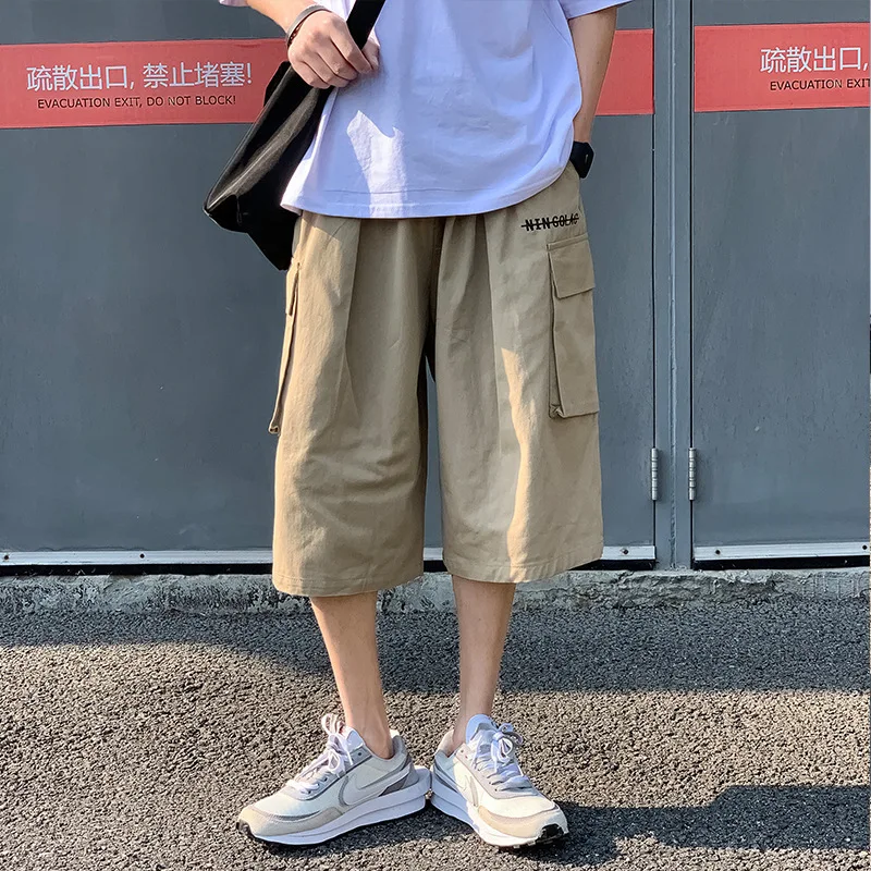 asual Cargo Pants Men Calf-length Letter Oversize All-match Baggy Wide Leg Trousers High Street Hip Hop Trendy Harajuku Chic